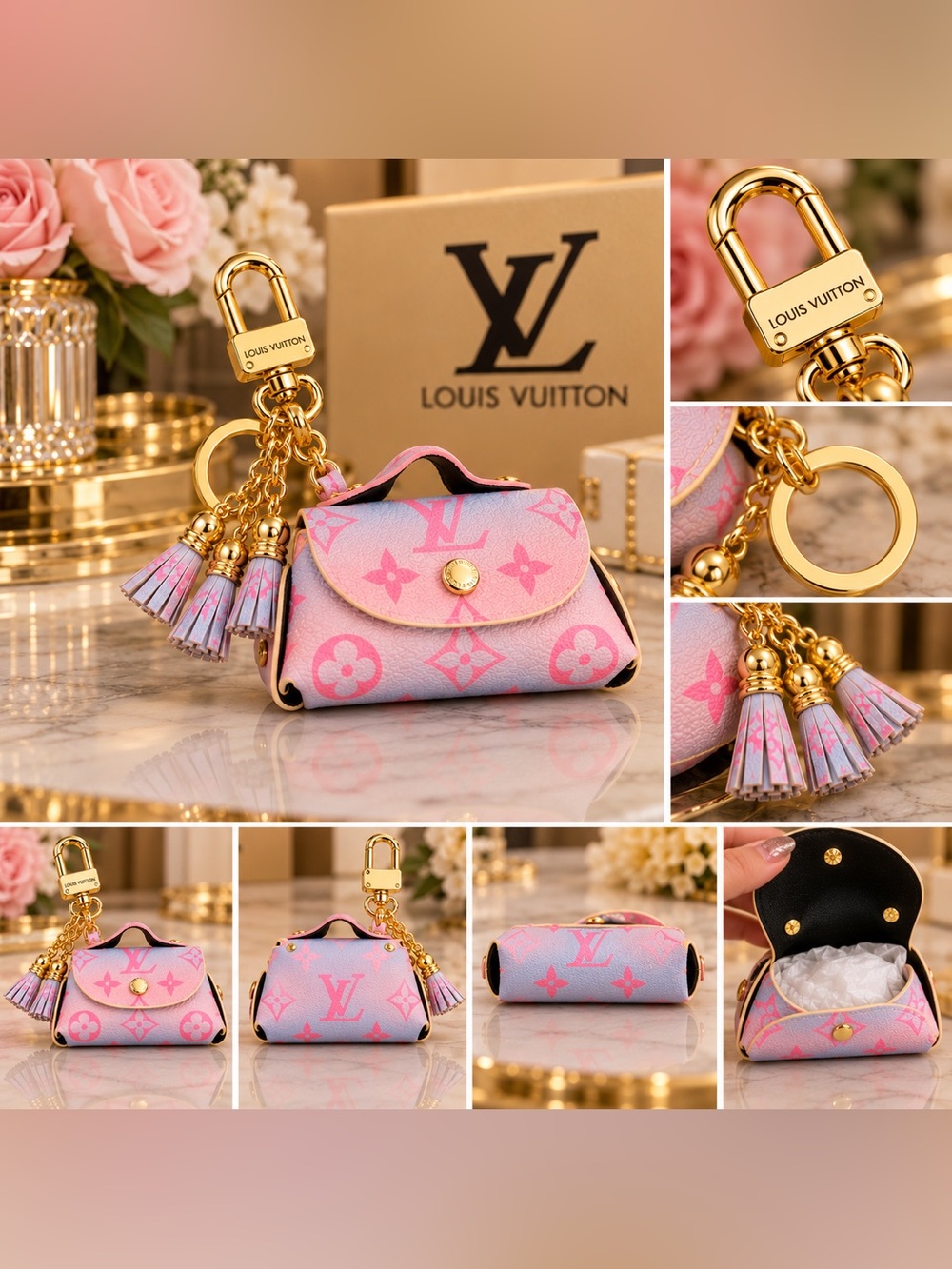 Pink Monogram Coin Pouch Keychain